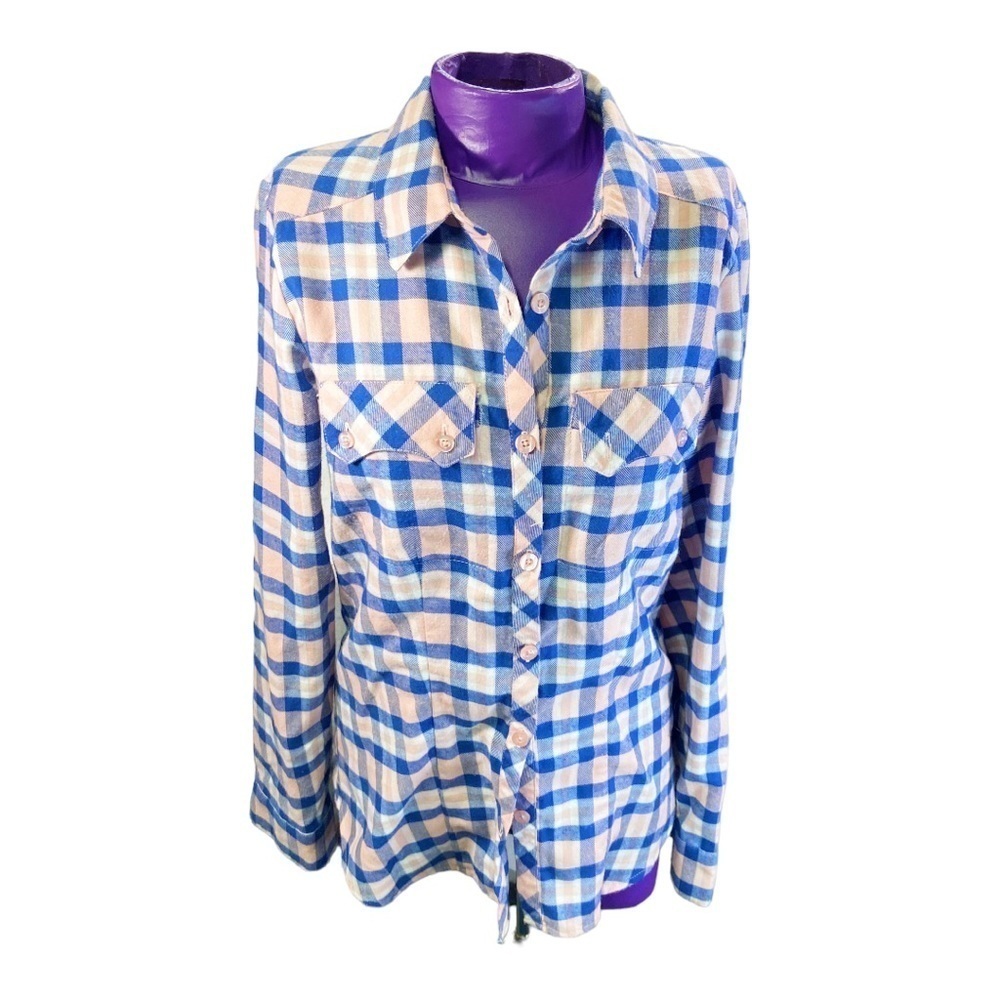 Matix blue tan plaid flannel button up women's shirt S